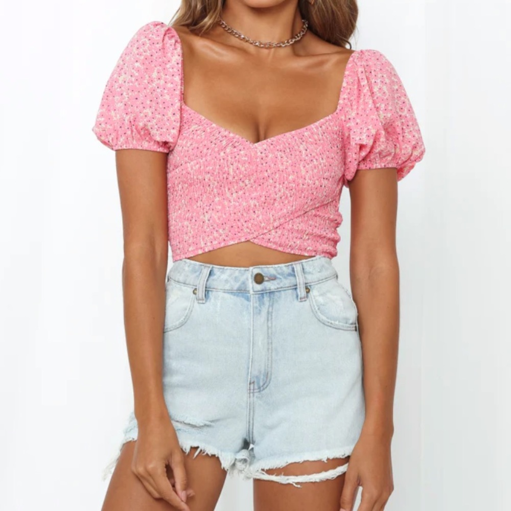 Hello Molly pink crossover smocked top
